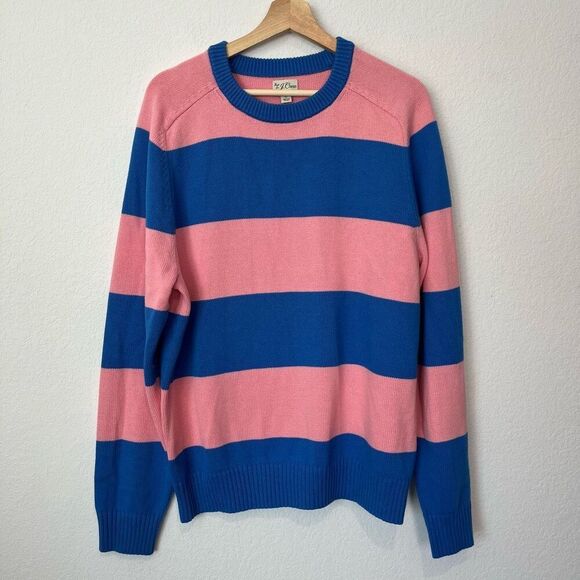 J. Crew Pink Blue Striped Heritage Cotton Crewneck Sweater Men's Size Large - Picture 2 of 6